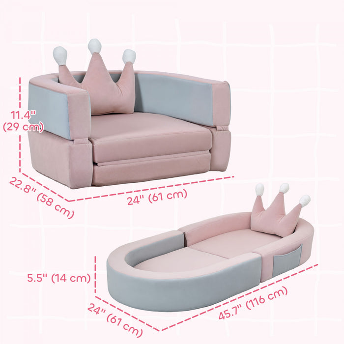 Qaba Canape Enfant 3-en-1 Convertible avec Coussin Couronne, Rose