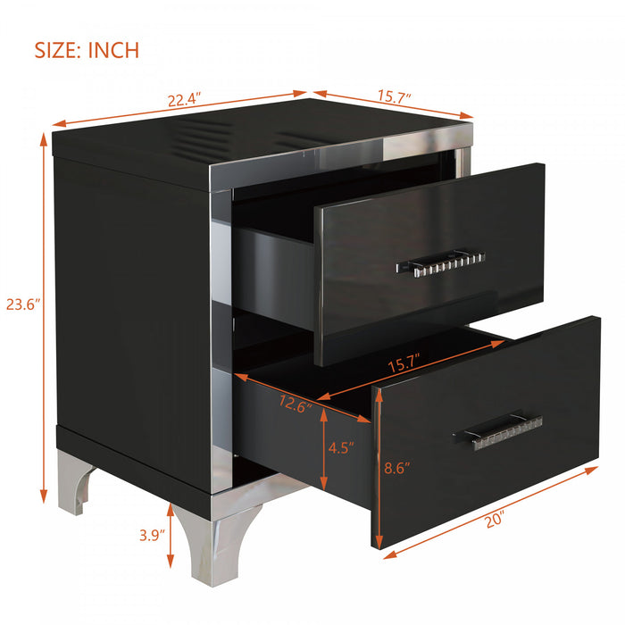 Sophia table de chevet laquee brillante avec 2 tiroirs et poignees en metal, noir