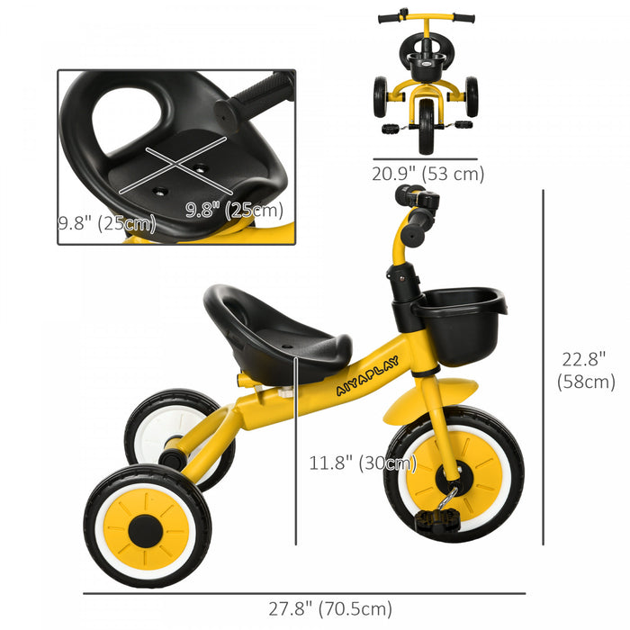 Qaba Tricycle Pour Tout-petits Et Filles Garcons De 2 A 5 Ans, Velo Avec Siege Reglable, Panier, Cloche, Jaune