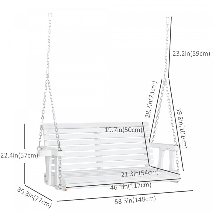Outsunny 46\" Porch Swing Bench Pour 2 Personnes Avec 2 Porte-gobelets Integres, Design A Lattes, Chaines Incluses, Capacite De Charge De 550lb, Blanc.
