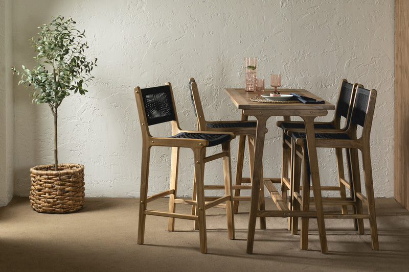 Tabouret bar Agave en teck et en corde tressée - noir et naturel