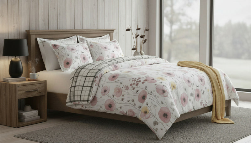 Ensemble Douillette Simple Mirabelle - Literie Reversible a Fleurs Aquarelle Rose et Gris 