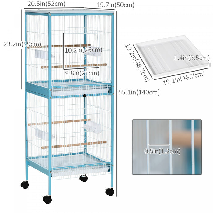 Pawhut 55 Pouces 2 En 1 Cage A Oiseaux Voliere Perruche Maison Pour Pinsons, Perruches Avec Roues, Plateaux Coulissants, Perchoir En Bois, Recipients Alimentaires, Bleu Clair