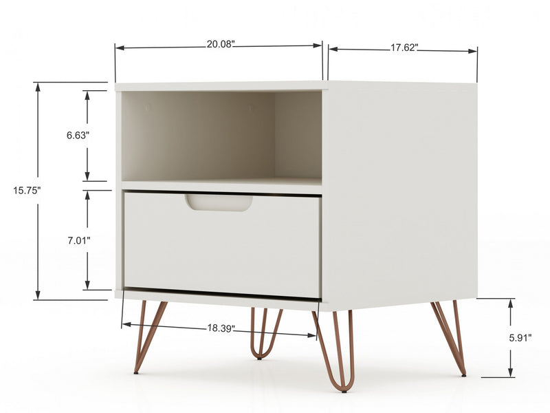 Table de nuit Rockefeller Mid-Century Modern 20\" en blanc casse (1 tiroir) - Lot de 2