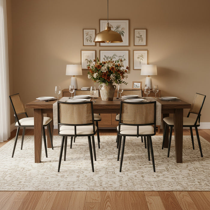 Chaises de salle a manger modernes Oliver avec assise rembourree en PU et dossier en rotin PE, lot de 6, noir