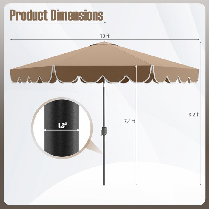 Parasol de patio Costway 10 FT avec reglage d'inclinaison a manivelle, bordures, haut ventile, 8 baleines, marron