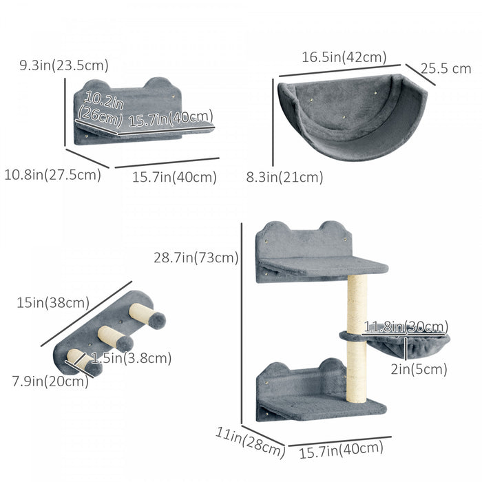 Pawhut Grimpeur Mural Pour Chat Avec Hamac, Griffoir, 3 Marches, Plateformes De Saut, Etagere Murale Pour Chat Pour Se Detendre, Dormir, Grimper, Mobilier Mural Pour Chat D'interieur - Gris