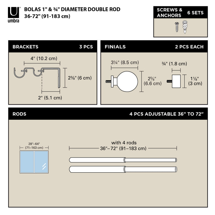  Tringle à rideaux extensible double Bolas de Umbra nickel de 1 po et de 3/4 po - 36 po à 72 po