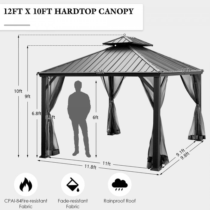 Costway 12ft X 10ft Hardtop Gazebo Exterieur A 2 Niveaux En Acier Galvanise Canopy Gris