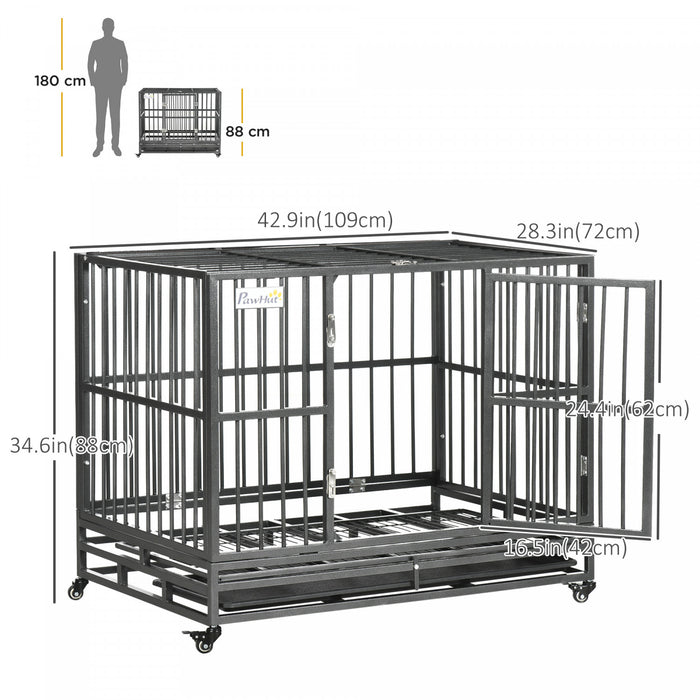 Cage Pour Chien Pawhut En Acier Robuste, Cage Pour Animal De Compagnie Avec Roulettes Pour Une Portabilite Optimale Et Une Porte Pour Un Acces Facile, Sol Anti-pincement, 91 Cm (l) X 62 Cm (l) X 78 Cm (h), Gris