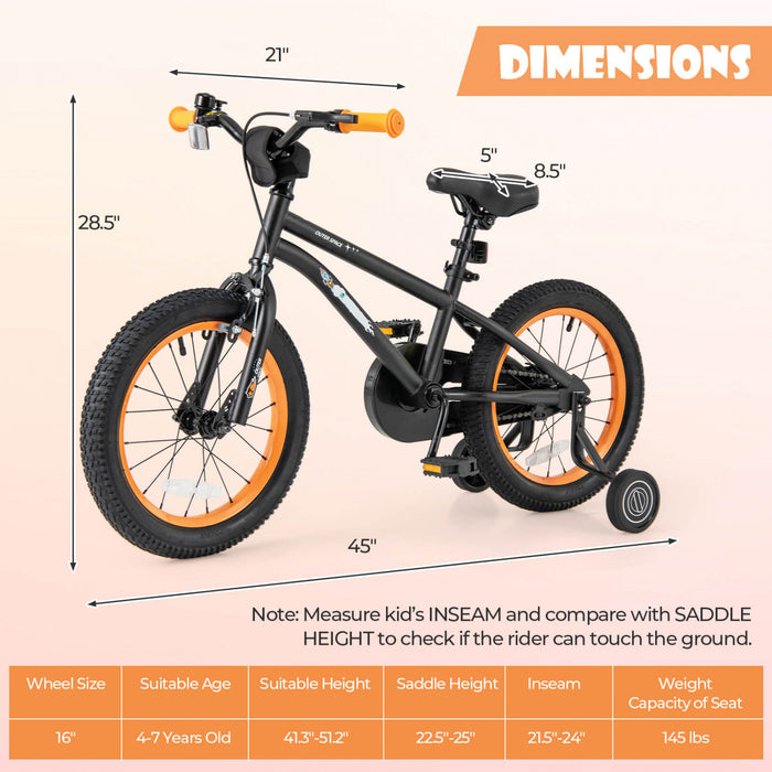 Velo Costway 16 Pouces Pour Enfants De 4 A 7 Ans Avec Selle Reglable Et Guidon Antiderapant Noir