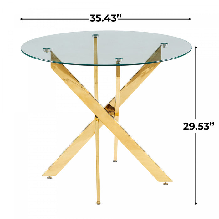 Table a manger ronde multifonctionnelle Alex avec plateau en verre, finition doree