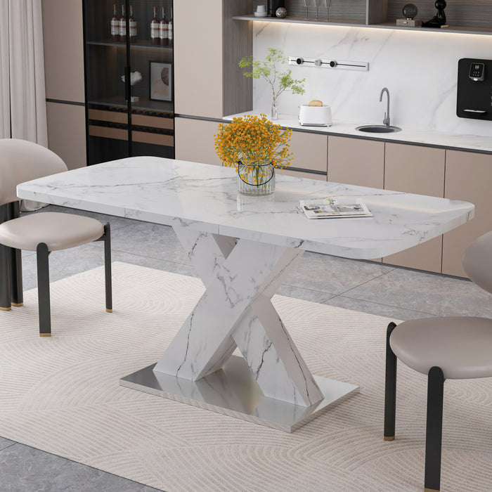 Table a manger rectangulaire moderne Lennon extensible de 47,24\" a 62,99\" avec plateau imprime marbre, blanc