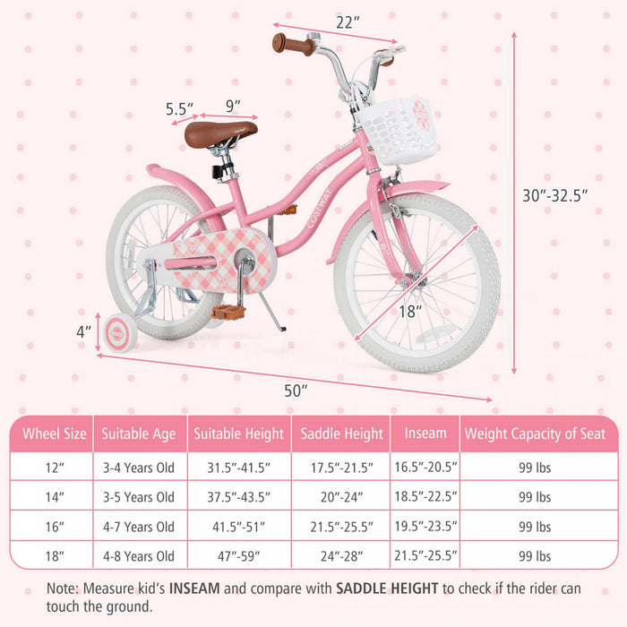 Costway 18\" Enfants Velo Tout-petit Velo Avec Roue De Formation Pour 4-8 Ans Fille Rouge