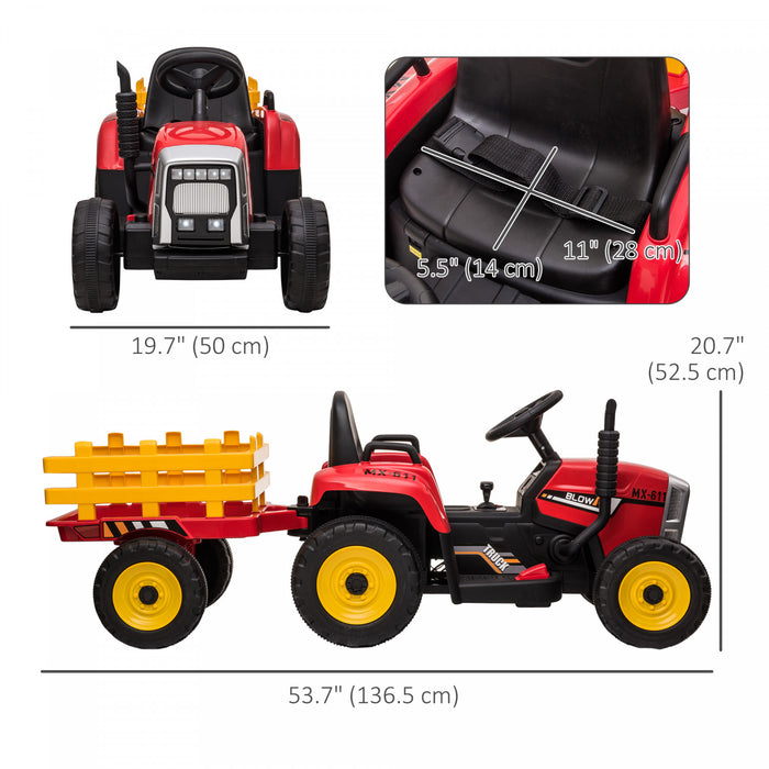 Aosom Tracteur Pour Enfants 12 V Avec Remorque, Tracteur Electrique Alimente Par Batterie Avec Telecommande, Son De Demarrage Musical Et Klaxon, Usb, Lumieres Led, Rouge