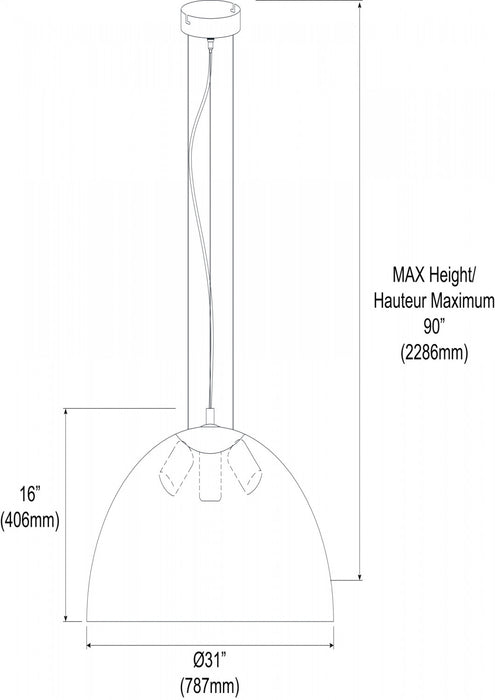 Luminaire suspendu Dome de Dainolite avec fini noir et doré et 3 ampoules