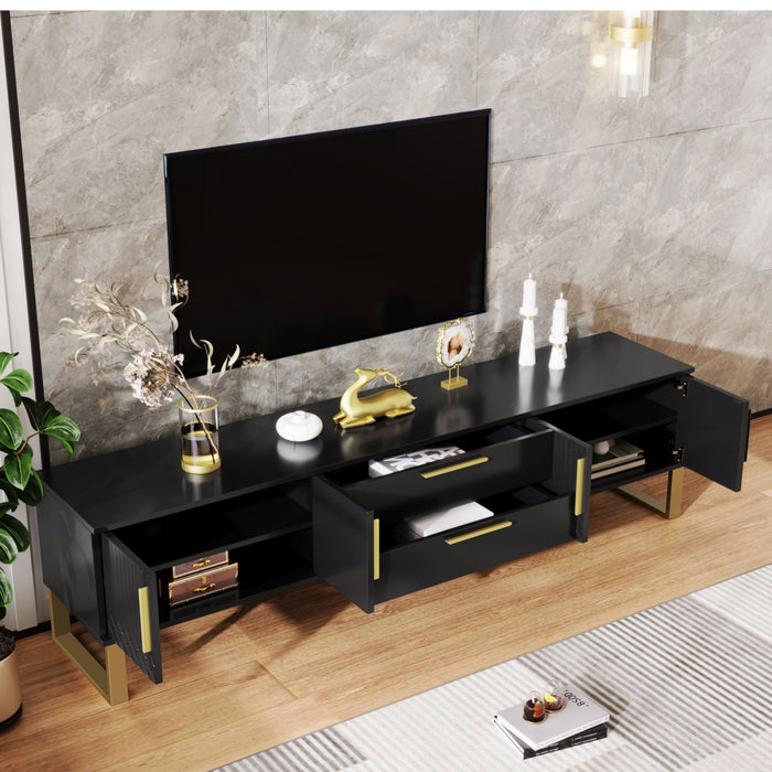 Steven 66.9\" Cabinet TV Sur Pieds avec Poignees et Pieds Dores, Noir