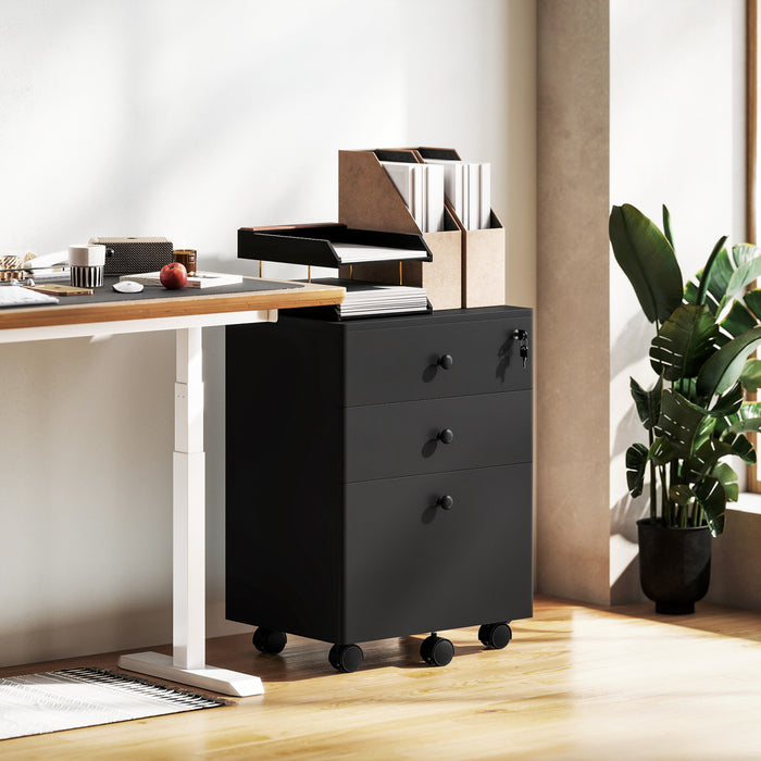HOMCOM Classeur a 3 tiroirs avec serrure, classeur mobile, noir