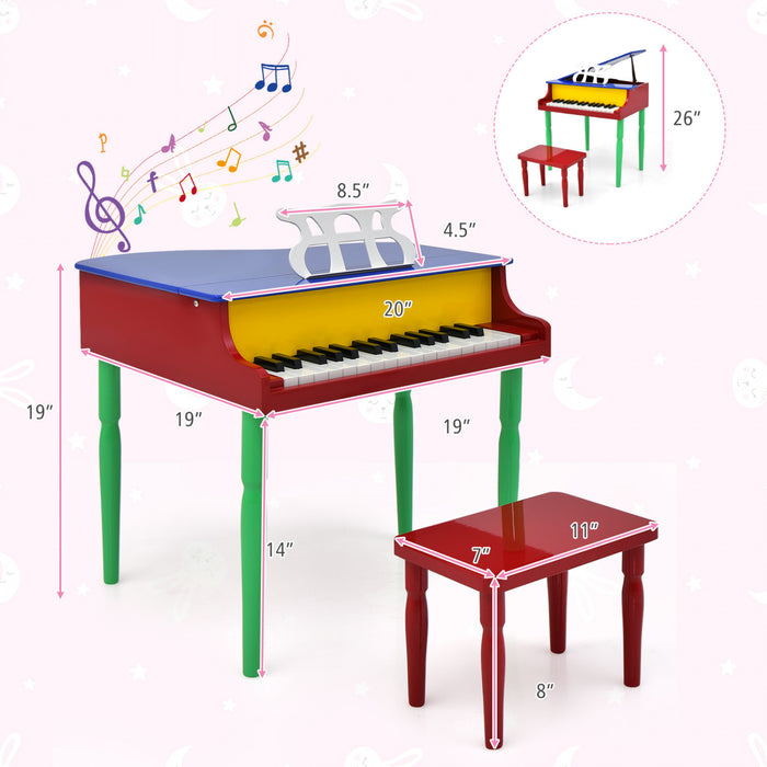 Costway Piano a Queue Classique Bebe 30 Touches, Jouet en Bois pour Bout de Chou avec Banc et Porte-Partition - Multicolore