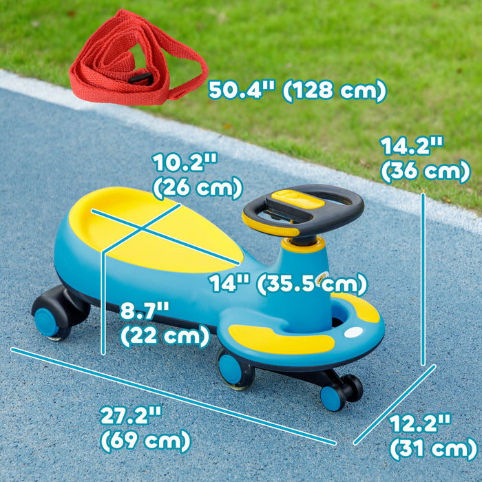 Qaba Voiture Pour Enfants De 2 A 6 Ans, Avec Corde De Traction Pour Les Parents, Musique, Lumiere, Voiture Sans Piles, Mouvement De Torsion Pour Diriger, Bleu
