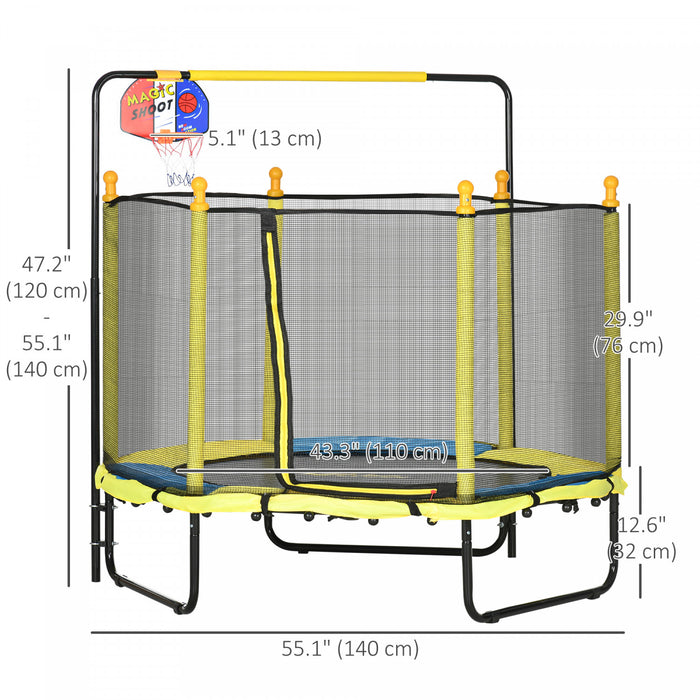 Qaba Trampoline pour enfants de 4,6 pieds, trampoline interieur et exterieur avec filet d'enceinte, panier de basket-ball, barre horizontale, mini trampoline pour 3 a 10 ans, jaune