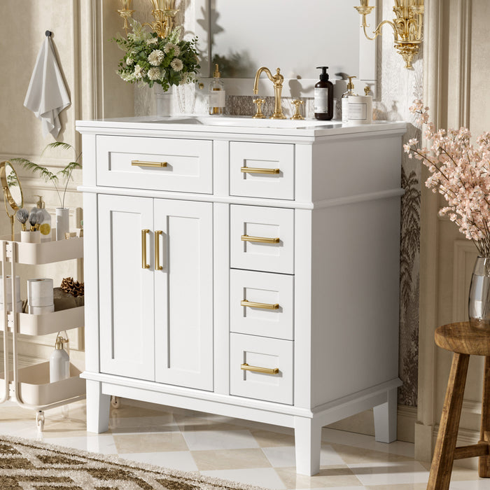 Savannah Meuble de salle de bain 30 pouces avec vasque en ceramique et armoire de rangement spacieux, Blanc