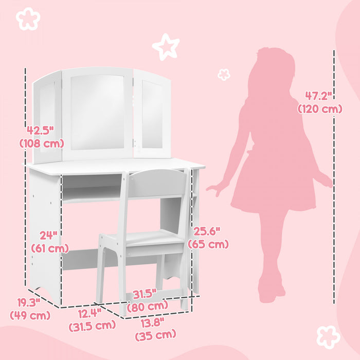 Qaba Ensemble De Vanite Pour Enfants, Coiffeuse De Maquillage Avec Miroir