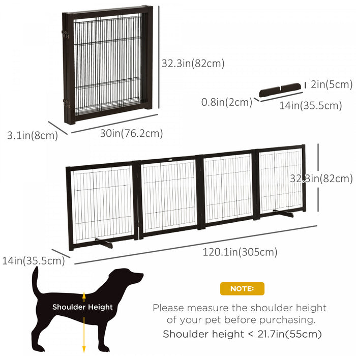 Pawhut Barriere De Securite Pour Animaux Barriere Modulable Pliable 4 Panneaux En Bois De Pin Massif 2 Pieds Support 120\" X 14\" X 32.25\" Cafe Et Noir