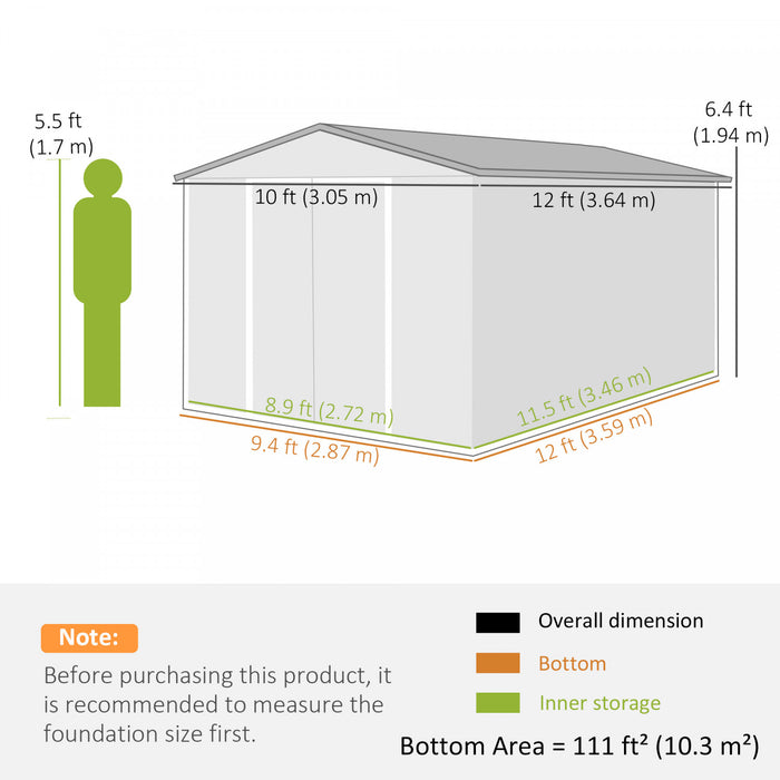 Outsunny Abri Metallique 12' x 10', Abri de Jardin Robuste Exterieur, Gris Fonce