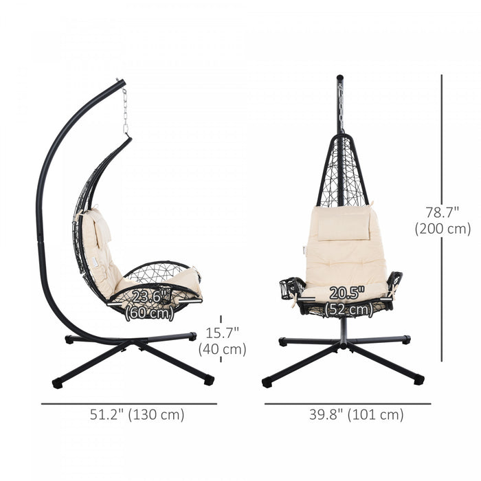 Fauteuil suspendu en osier d'exterieur pour terrasse avec support, balancelle-hamac avec coussin et oreiller