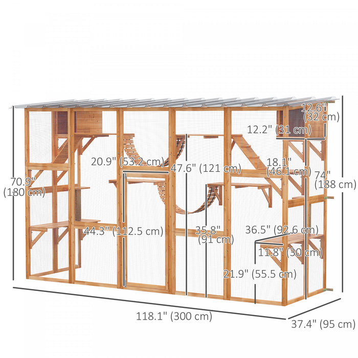 Pawhut Maison D'exterieur Pour Chat Avec Toit De Protection Contre Les Intemperies Pour Plusieurs Chatons, Cadre En Bois, Etageres Et Ponts, 118\" X 37.5\" X 74\" , Orange