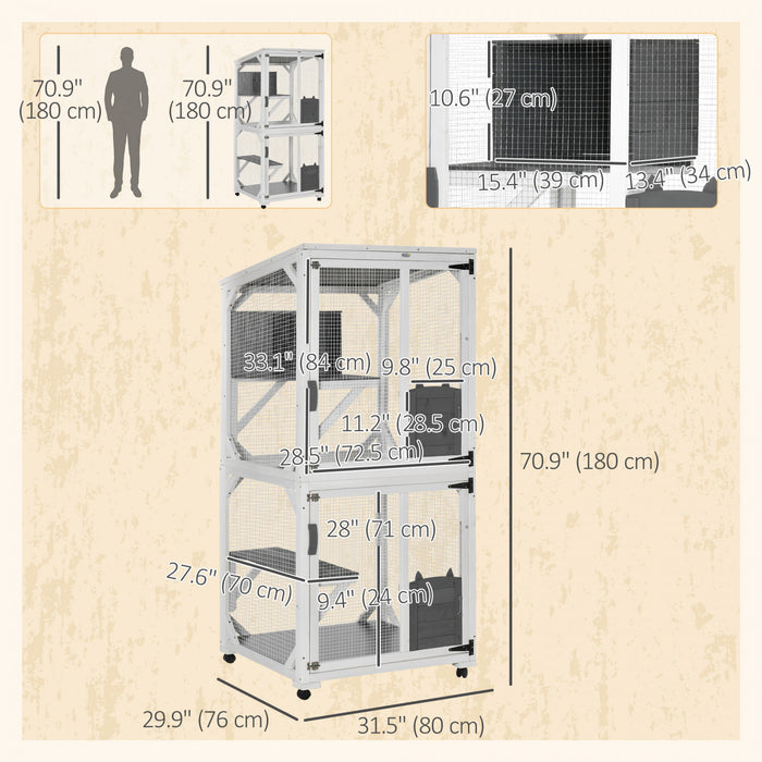 Pawhut Cage De Jeu Pour Chat, Design Sureleve, Avec Roues, Boite De Repos, Resistant A L'eau, Multi-plateformes, Pour 1 A 3 Chats