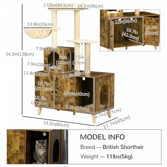 Pawhut Boite A Litiere Avec Tour D'arbre A Chat, Meubles De Toilette Caches Pour Chat Avec Condo, Griffoirs, Grande Plate-forme, Hamac Et Coussin Moelleux, Marron Rustique