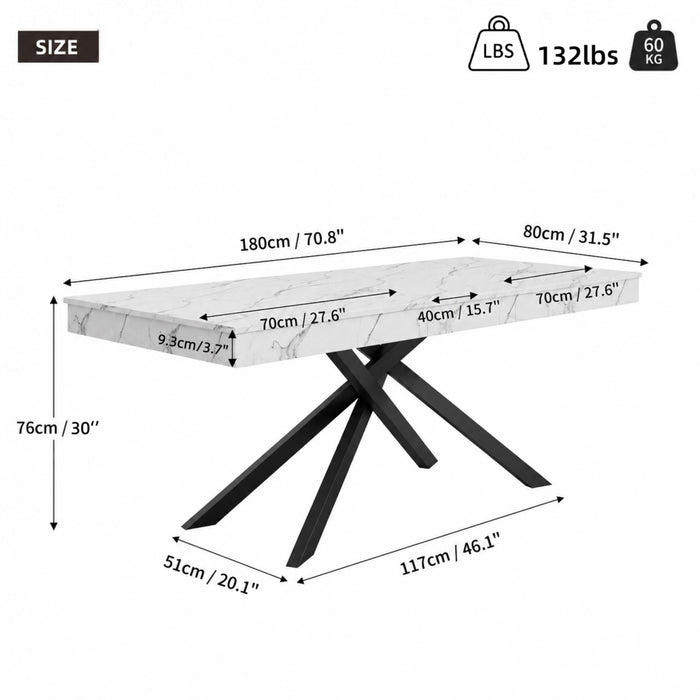 FlexDine Table a Manger Rectangulaire Extensible 55-71 po avec Pieds Croises et Finition Effet Marbre, Marbre Blanc