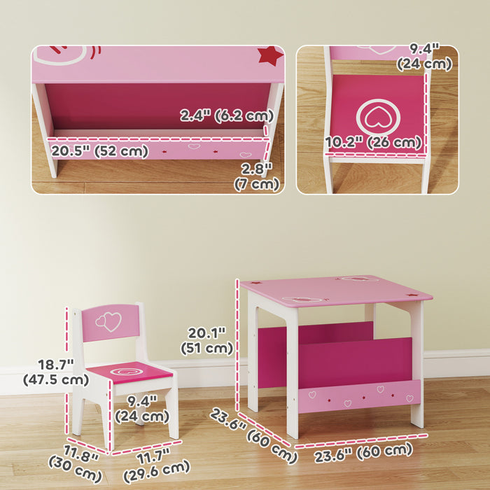 Qaba Ensemble table et 2 chaises pour enfants, avec etageres pour livres, theme cœur, pour salle de classe, maison, creche, salle de jeux, pour lire, dessiner, faire de l'art
