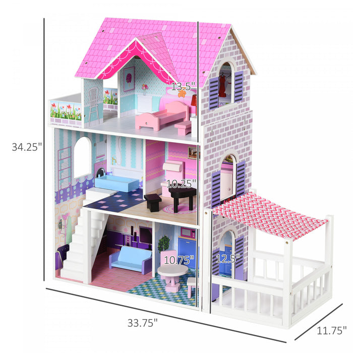 Qaba 2.9pi Maison De Poupee En Bois Enfants Maison De Reve Villa Avec Patio Kit D'accessoires De Meubles Pour Tout-petits Filles Maison A Plusieurs Niveaux Pour Enfants Rose