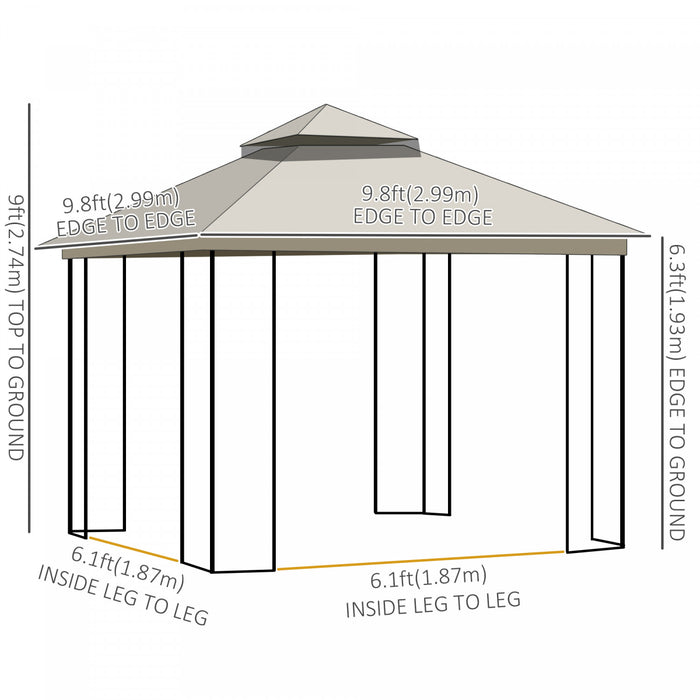 Outsunny 10' X 10' Tonnelle Pavillon Jardin Patio Terrasse Gazebo Exterieur Double Toit Avec Parois Laterales En Maille Amovibles, Etageres, Crochets Superieurs, Beige