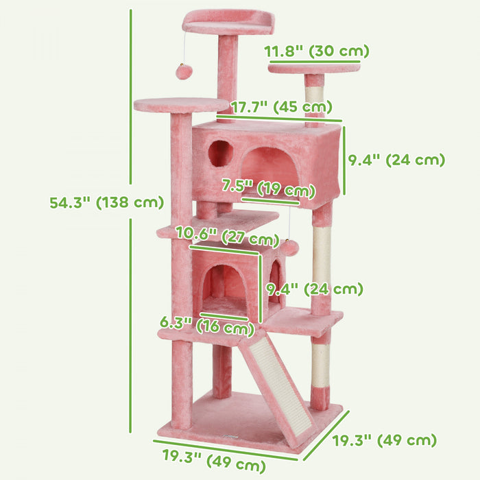 Pawhut Arbre A Chat De 54\" Tour A Chat Pour Chats D'interieur Avec Griffoirs, Condos Pour Chats, Lit, Plates-formes, Rampe, Balle Jouet, Centre D'activites Pour Chat, Rose