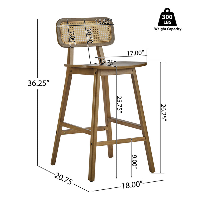 Bari lot de 2 tabourets de comptoir en bois de caoutchouc avec dossier en rotin et repose-pieds, couleur noyer