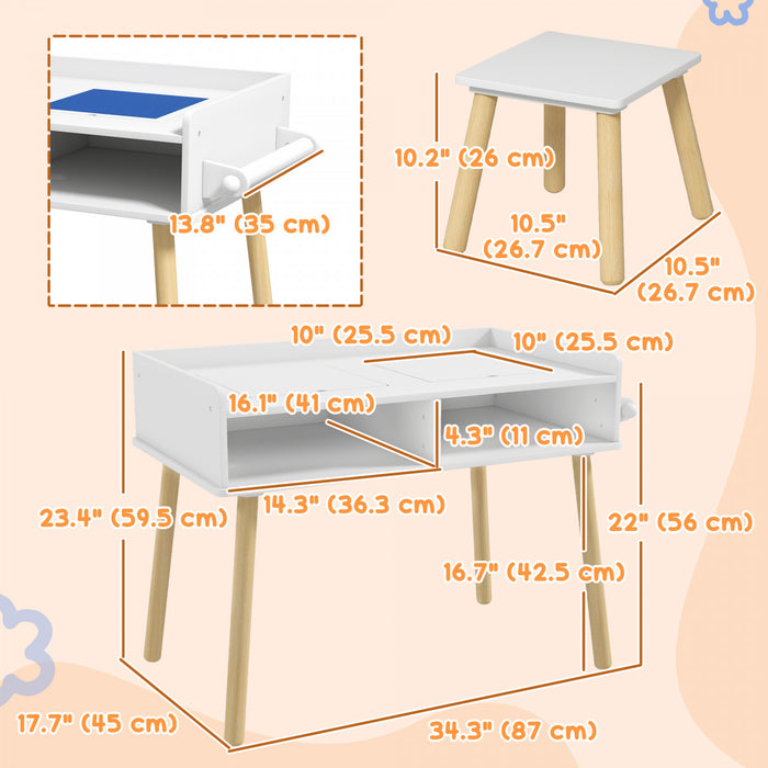 Qaba Ensemble Table Et Chaise Pour Enfants, Table D'activites 3 En 1 Pour Tout-petits, Rouleau De Papier, Rangement, Pour Jouer, Dessiner, Lire, Pour Creche, Salle De Jeux, Bleu