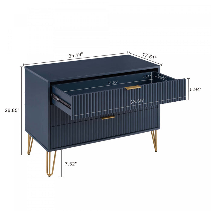 Commode moderne Dumbo 35\" a cannelures en bleu minuit (3 tiroirs)