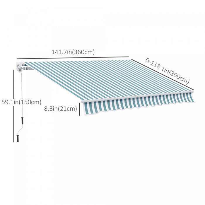 Outsunny 12' X 10', Store Banne Auvent Retractable Manuel, Abri Solaire Exterieur Pour Patio, Balcon, Cour, Avec Design Ajustable Et Polyvalent, Vert Et Blanc