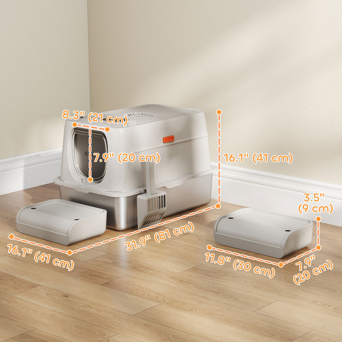 XL Stainless Steel Cat Litter Box with Flip Cover, Pedal