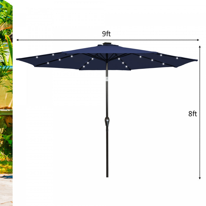 Parasol solaire Costway de 9 pieds avec LED, acier avec inclinaison a manivelle, exterieur, couleur marine