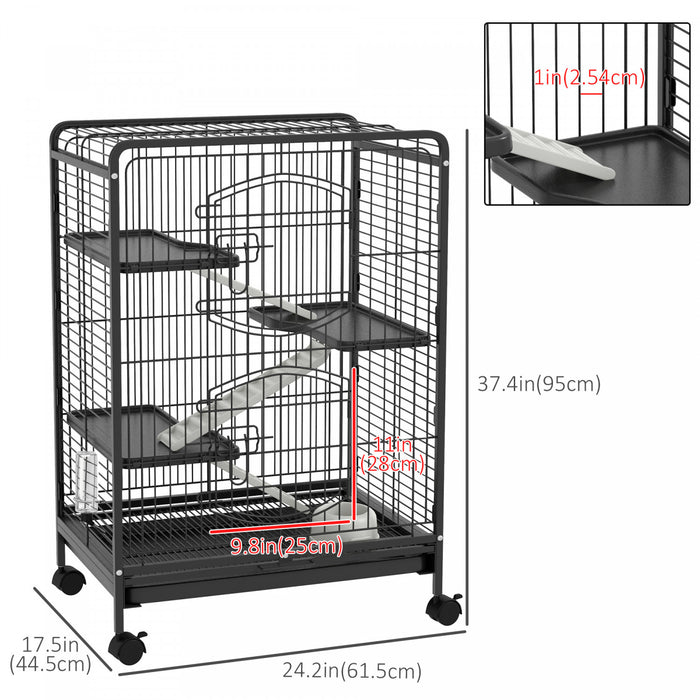 Pawhut Cage Pour Petits Animaux A 4 Niveaux, Parc Pour Lapin Furet Chinchilla Sur Roues Avec Plateau Amovible Plate-forme Rampe Nourriture Plat Bouteille D'eau, 25\" X 17\" X 36.5\"
