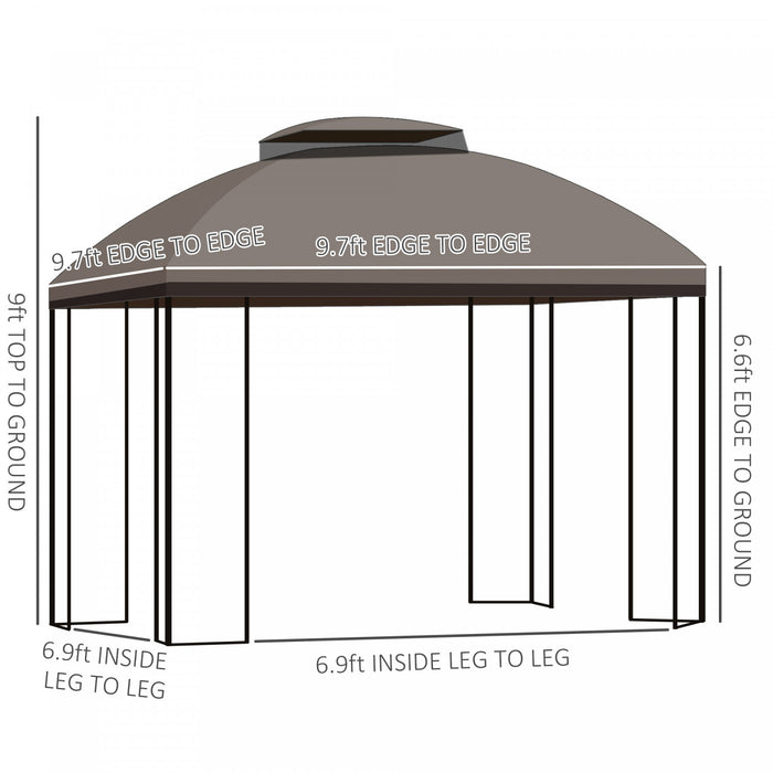 Outsunny 10' X 10' Tonnelle Pavillon Jardin Patio Terrasse Gazebo Exterieur Double Toit Avec Parois Laterales En Maille Amovibles, Etageres, Marron