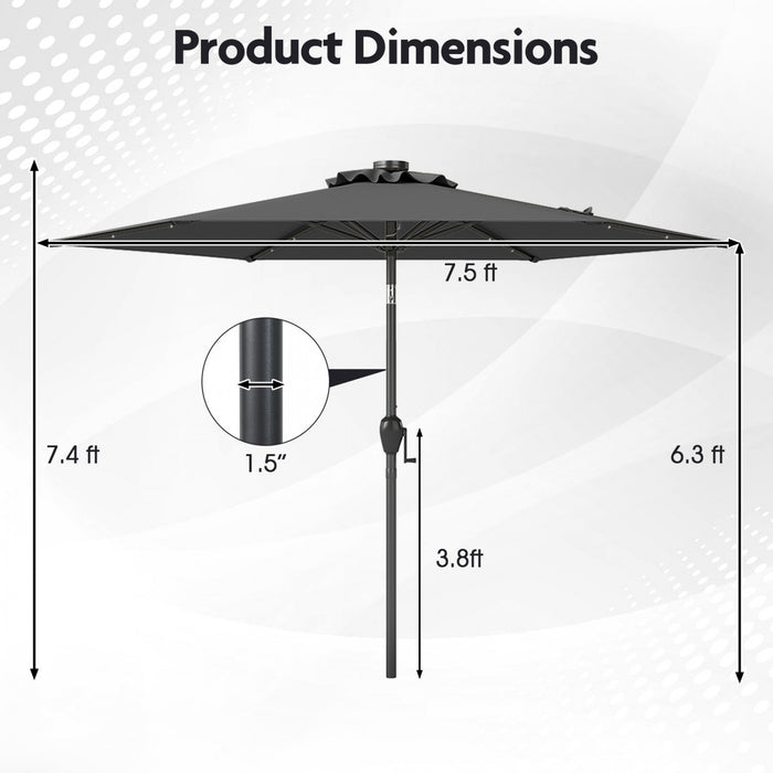 Parasol solaire Costway 7,5 ft avec lumieres LED, inclinaison par bouton-poussoir, manivelle, gris