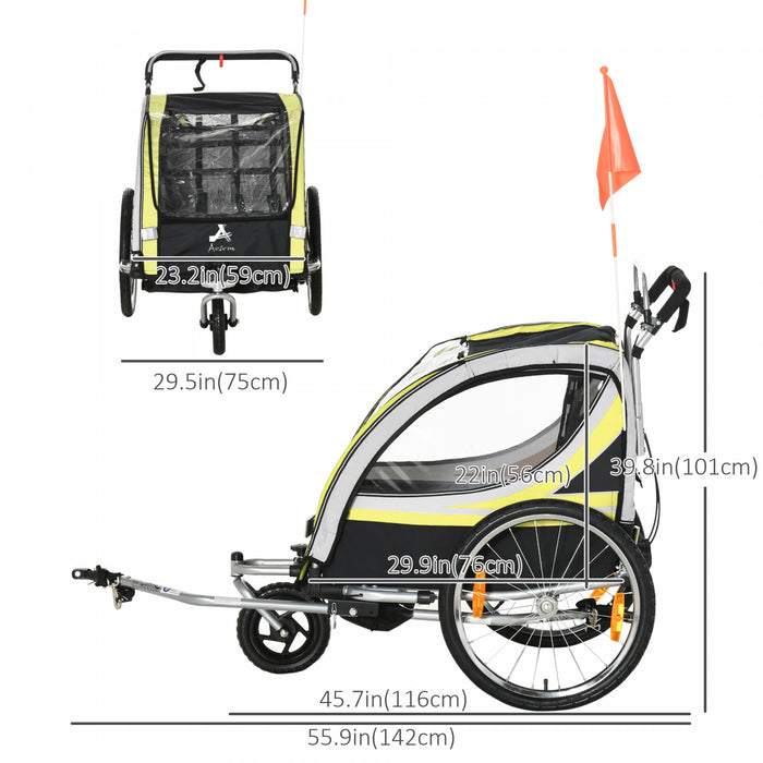Aosom Remorque Velo Enfant 2 En 1, Poussette Bebe Avec Frein, Sac De Rangement, Drapeau De Securite, Reflecteurs Et Harnais 5 Points, Jaune