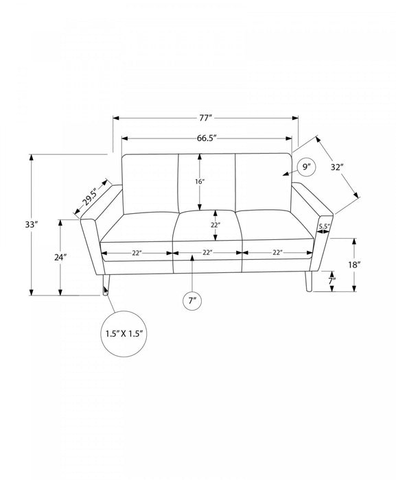 Sofa Rembourre, 77\"L, Aspect Cuir Brun, Pieds En Bois Massif, Contemporain, Moderne