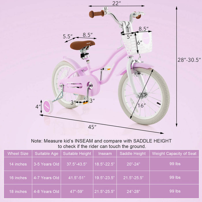 Costway 16\" Enfants Velo Tout-petit Velo Reglable Avec Roue D'entrainement Pour Fille De 4 A 7 Ans